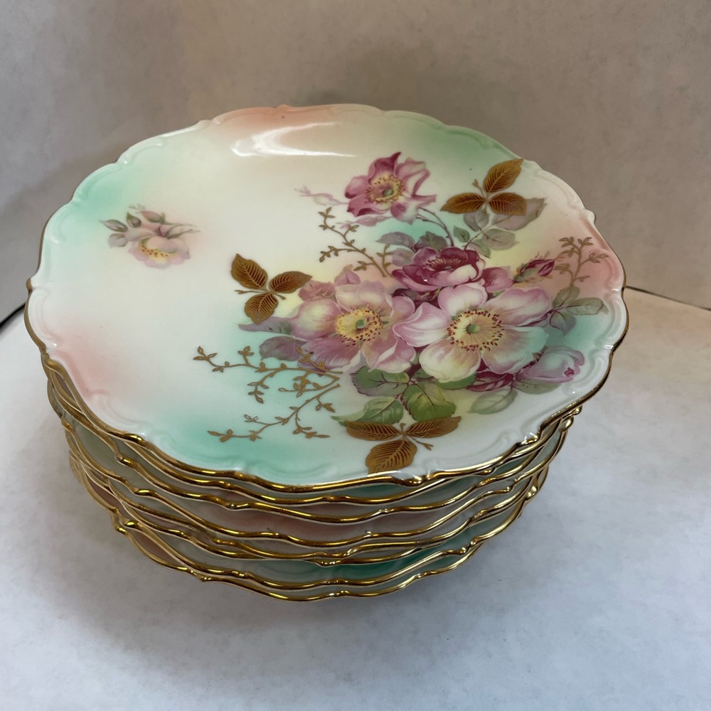 7.5” Floral Porcelain Plates with Gold Trim